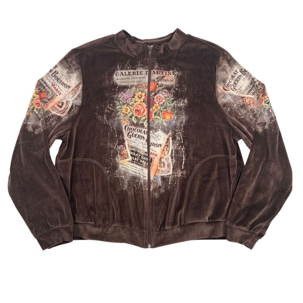 Vintage 90s Confetti Brown Floral Velour Graphic Zip Sweatshirt Made in USA - L
